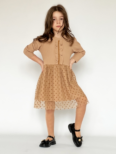 Платье для девочки нарядное БУШОН ST50, цвет коричневый, бант, горошек/однотонный