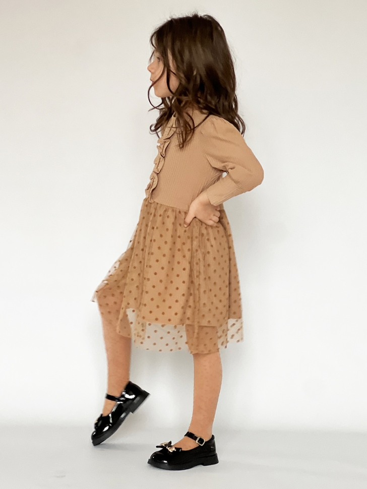 Платье для девочки нарядное БУШОН ST50, цвет коричневый, бант, горошек/однотонный 