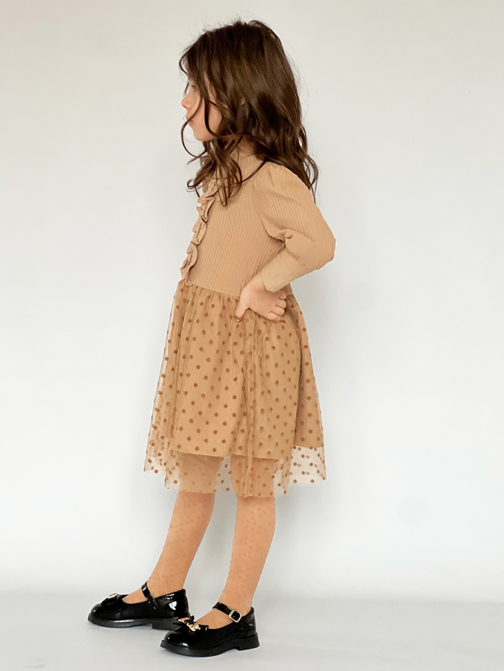 Платье для девочки нарядное БУШОН ST50, цвет коричневый, бант, горошек/однотонный 