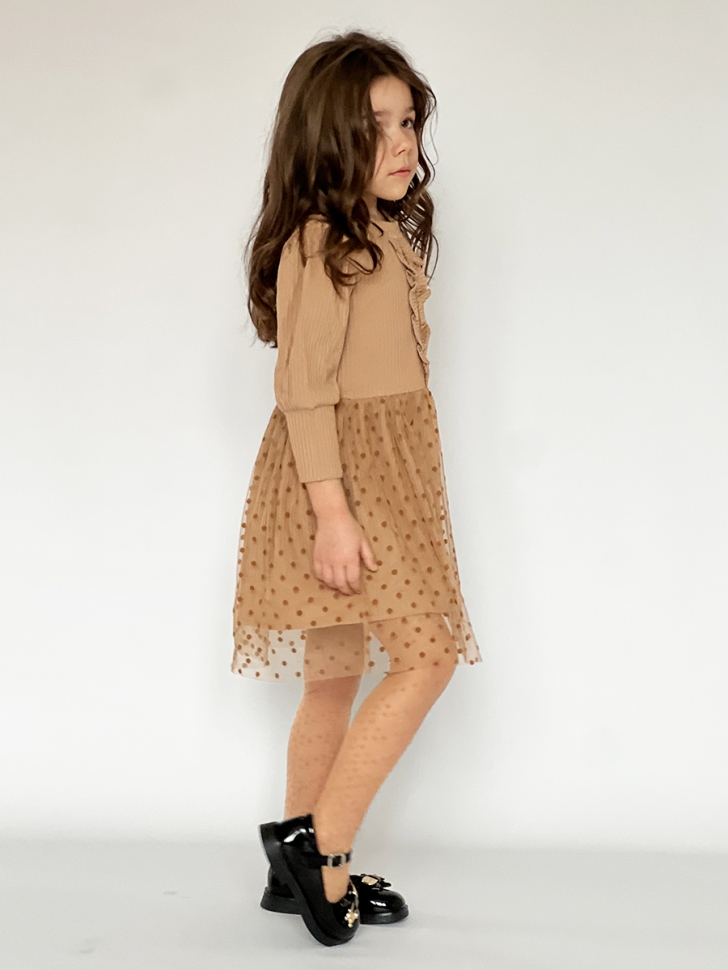 Платье для девочки нарядное БУШОН ST50, цвет коричневый, бант, горошек/однотонный 