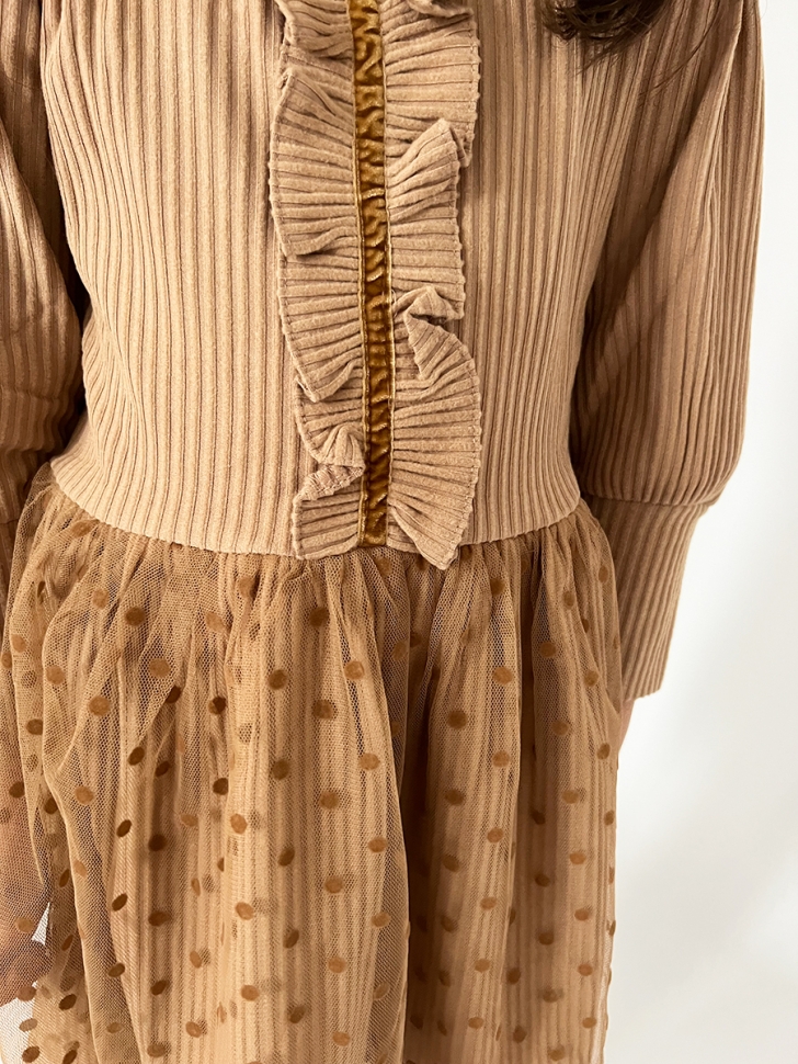 Платье для девочки нарядное БУШОН ST50, цвет коричневый, бант, горошек/однотонный 