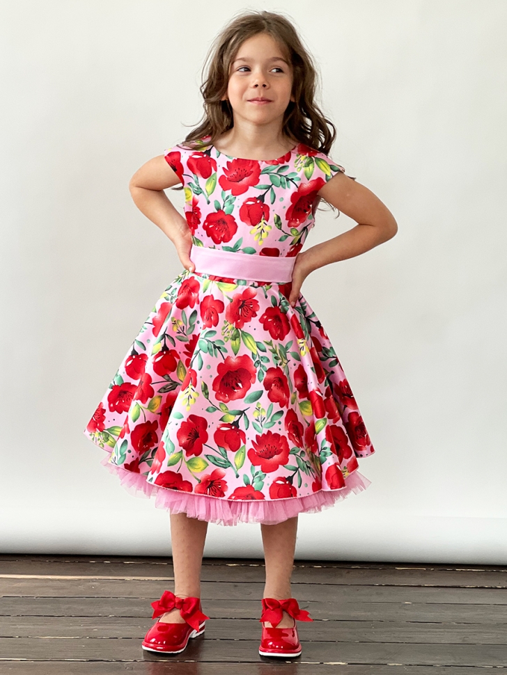 Платье для девочки нарядное БУШОН ST30, стиляги цвет красный/розовый пояс розовый, принт цветы 