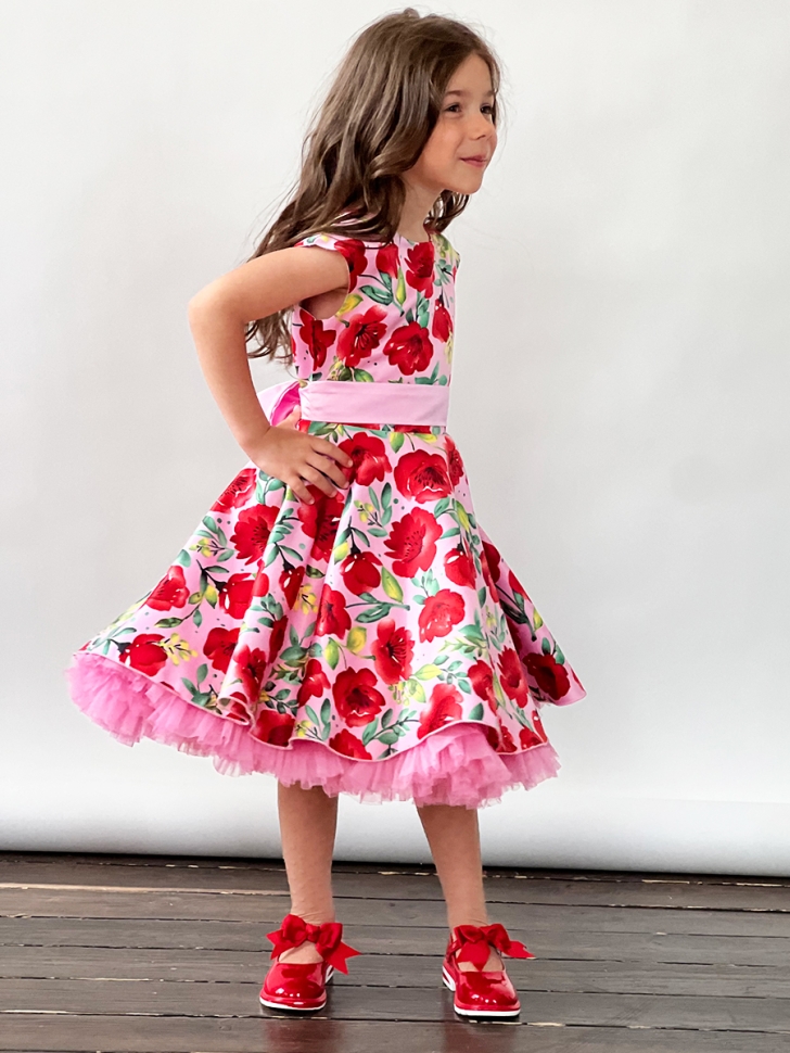 Платье для девочки нарядное БУШОН ST30, стиляги цвет красный/розовый пояс розовый, принт цветы 