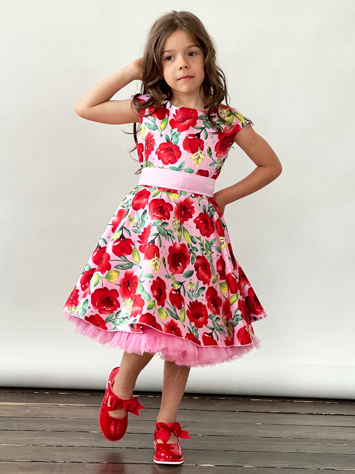 Платье для девочки нарядное БУШОН ST30, стиляги цвет красный/розовый пояс розовый, принт цветы 