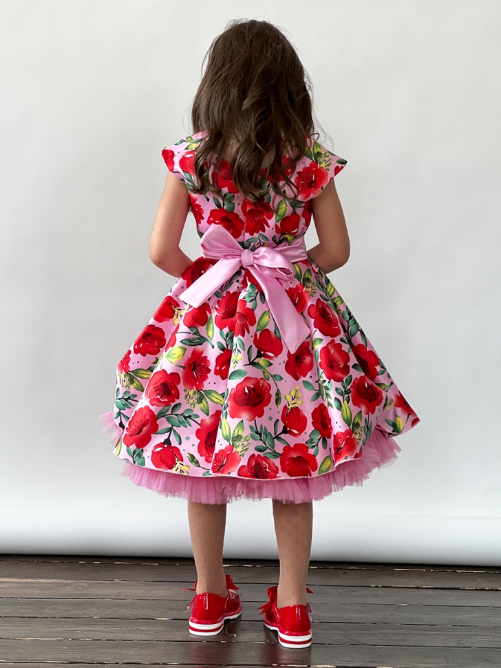 Платье для девочки нарядное БУШОН ST30, стиляги цвет красный/розовый пояс розовый, принт цветы 