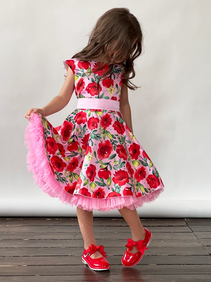Платье для девочки нарядное БУШОН ST30, стиляги цвет красный/розовый пояс розовый, принт цветы 