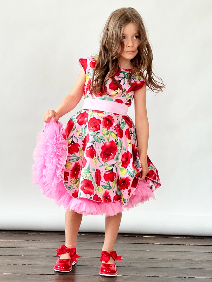 Платье для девочки нарядное БУШОН ST30, стиляги цвет красный/розовый пояс розовый, принт цветы 