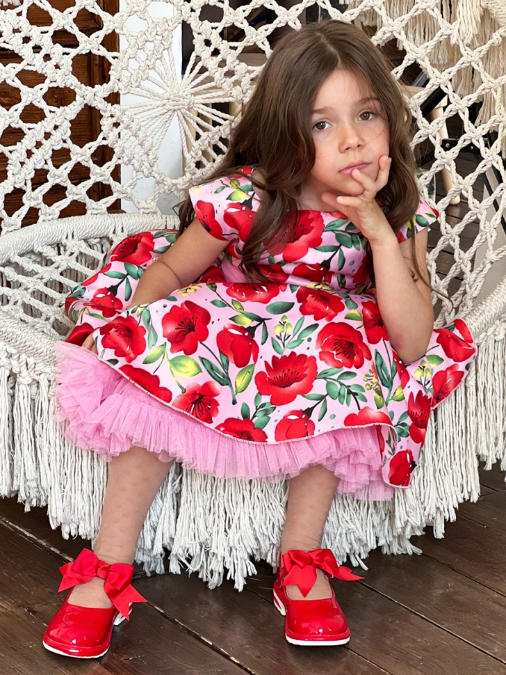 Платье для девочки нарядное БУШОН ST30, стиляги цвет красный/розовый пояс розовый, принт цветы 