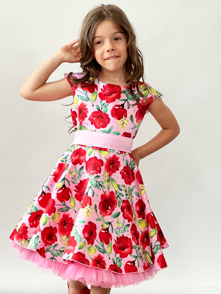 Платье для девочки нарядное БУШОН ST30, стиляги цвет красный/розовый пояс розовый, принт цветы 