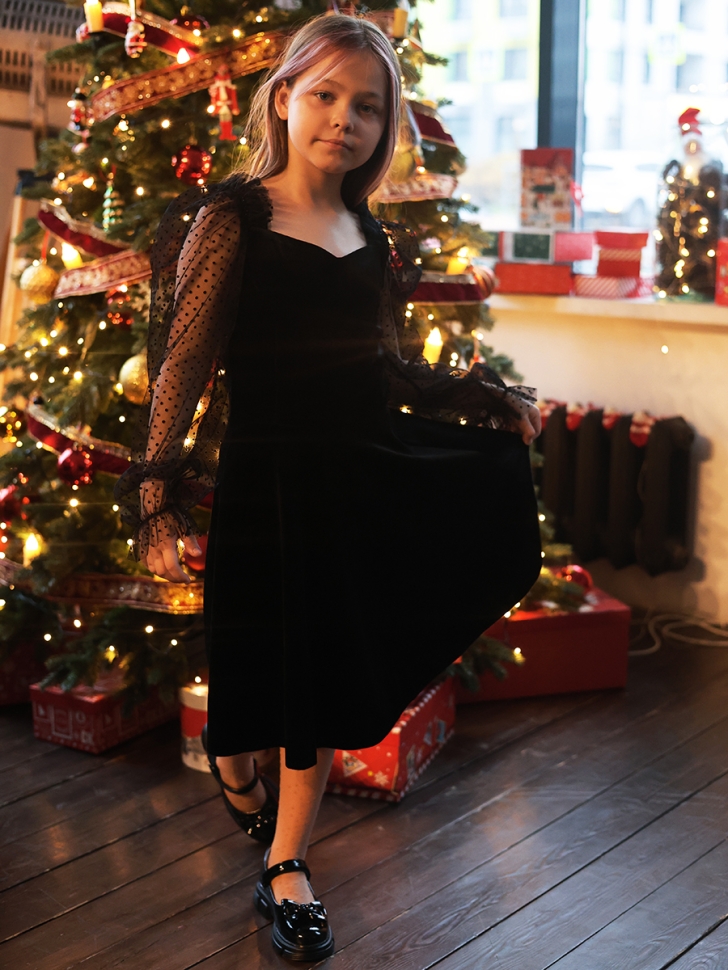 Платье велюровое нарядное БУШОН ST632, цвет черный choker