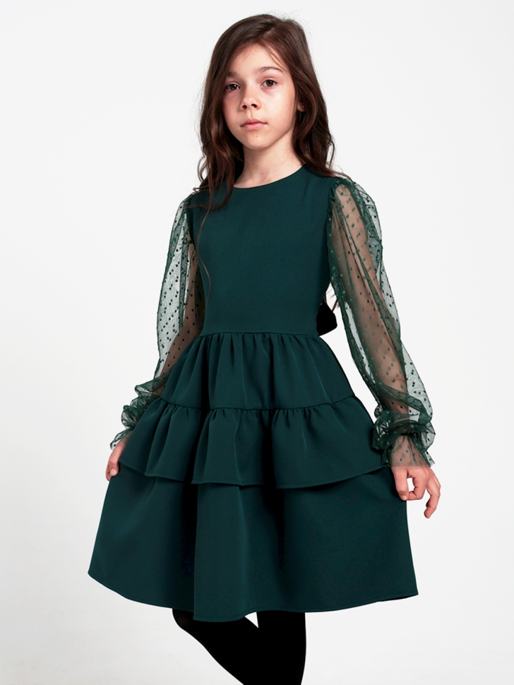 Платье для девочки БУШОН ST70, цвет изумрудный / волан 