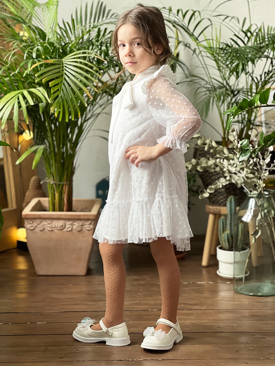 Платье для девочки нарядное БУШОН ST50, цвет белый, бант, горошек/однотонный 