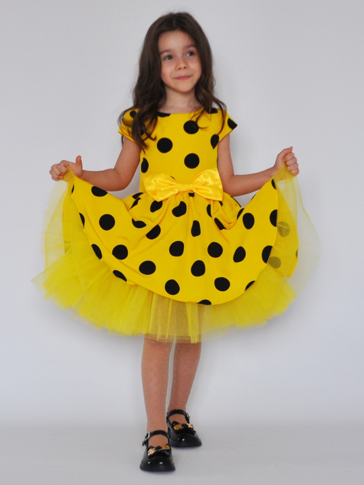 Платье для девочки нарядное БУШОН ST44, стиляги, цвет желтый, принт крупный горох 