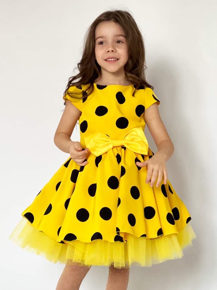 Платье для девочки нарядное БУШОН ST44, стиляги, цвет желтый, принт крупный горох 