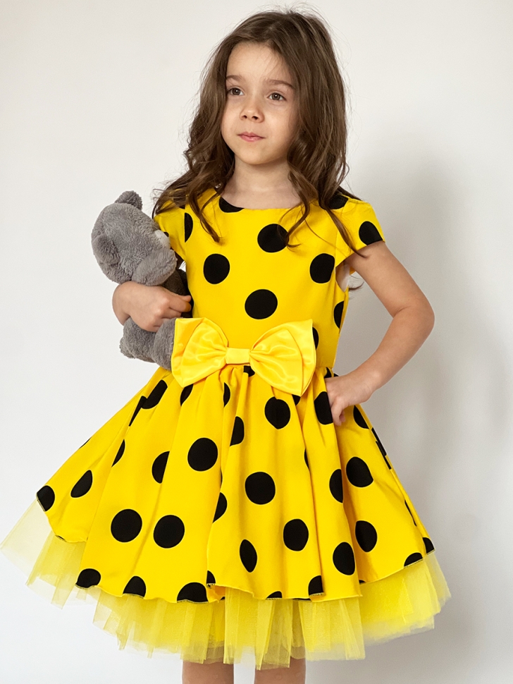 Платье для девочки нарядное БУШОН ST44, стиляги, цвет желтый, принт крупный горох 
