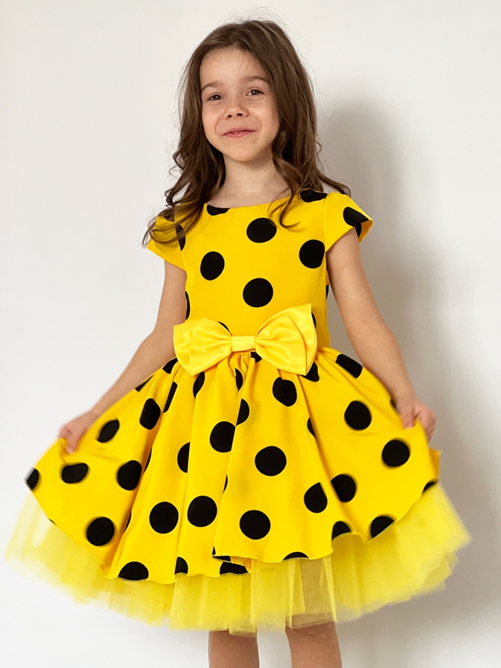 Платье для девочки нарядное БУШОН ST44, стиляги, цвет желтый, принт крупный горох 