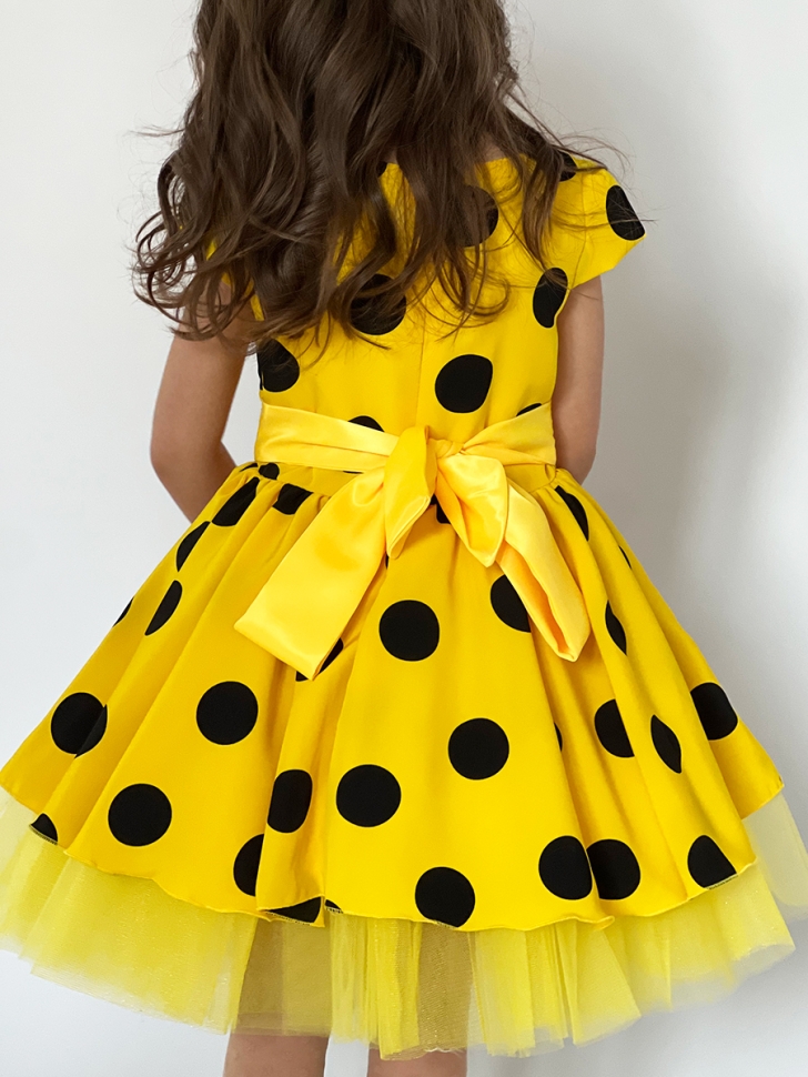 Платье для девочки нарядное БУШОН ST44, стиляги, цвет желтый, принт крупный горох 