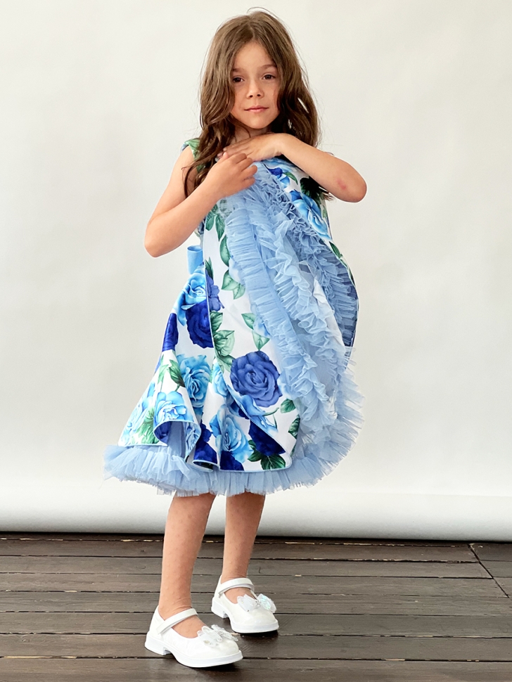 Платье для девочки нарядное БУШОН ST30, стиляги, цвет голубой/синий цветы