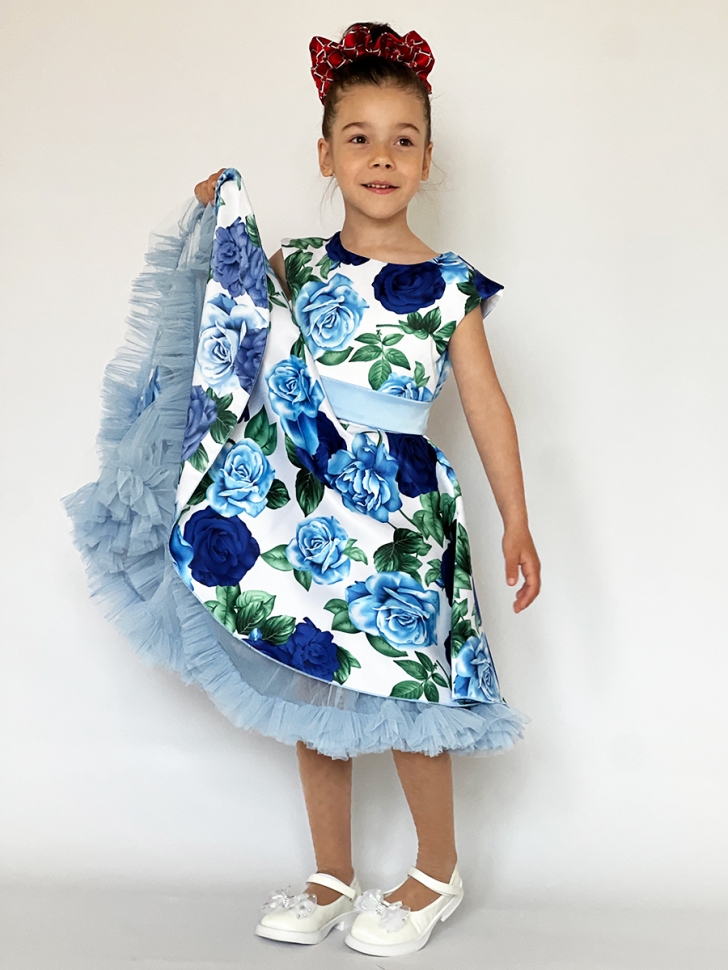 Платье для девочки нарядное БУШОН ST30, стиляги, цвет голубой/синий цветы