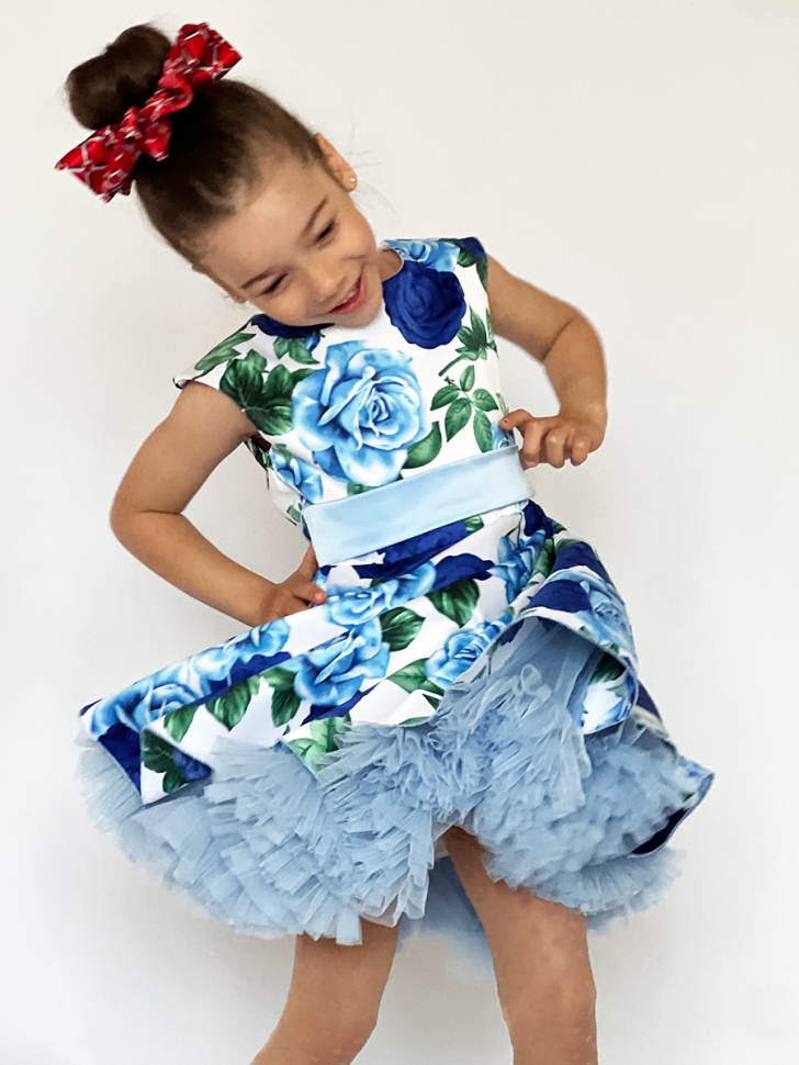 Платье для девочки нарядное БУШОН ST30, стиляги, цвет голубой/синий цветы