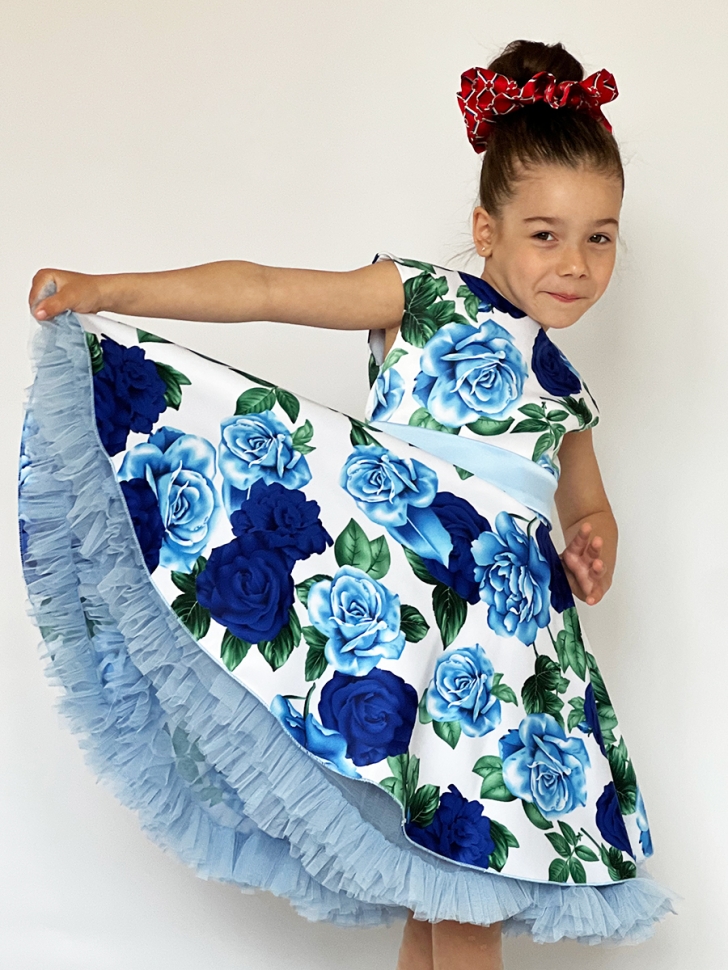 Платье для девочки нарядное БУШОН ST30, стиляги, цвет голубой/синий цветы