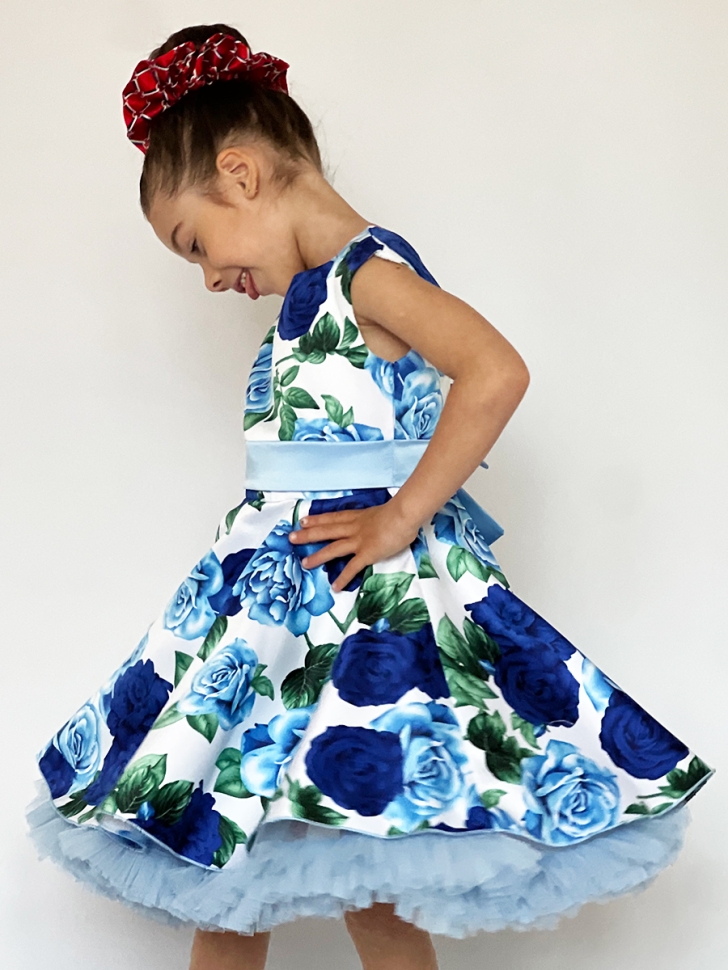 Платье для девочки нарядное БУШОН ST30, стиляги, цвет голубой/синий цветы