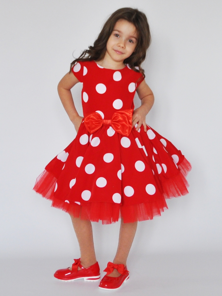 Платье для девочки нарядное БУШОН ST44, стиляги, цвет красный, принт крупный горох 