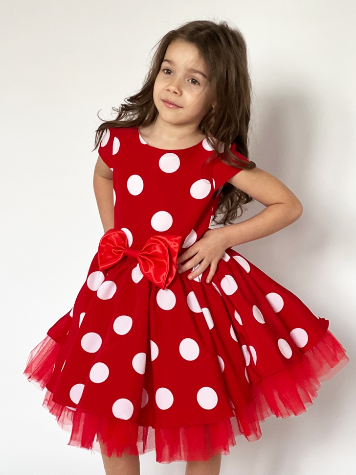 Платье для девочки нарядное БУШОН ST44, стиляги, цвет красный, принт крупный горох 