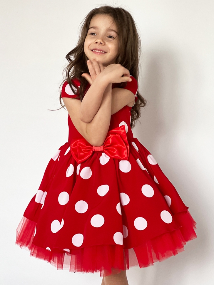 Платье для девочки нарядное БУШОН ST44, стиляги, цвет красный, принт крупный горох 