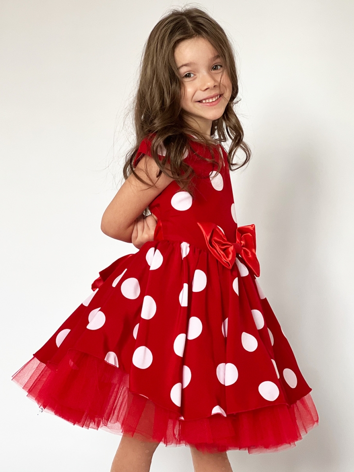Платье для девочки нарядное БУШОН ST44, стиляги, цвет красный, принт крупный горох 