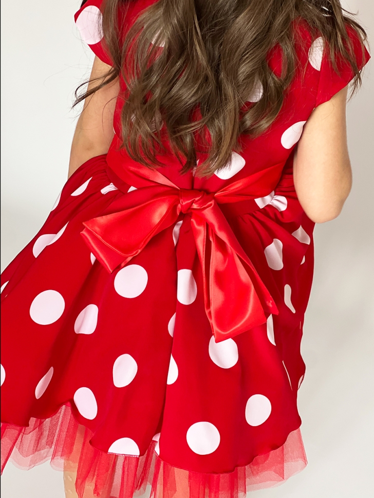 Платье для девочки нарядное БУШОН ST44, стиляги, цвет красный, принт крупный горох 