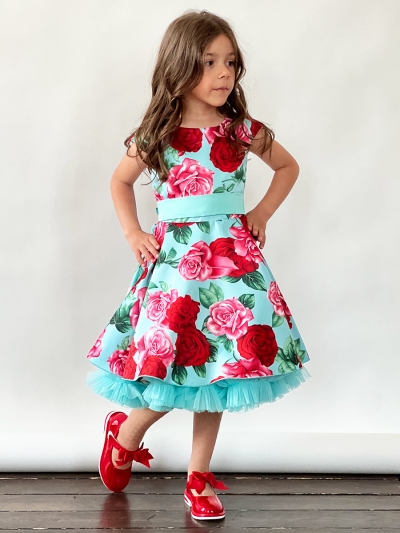 Платье для девочки нарядное БУШОН ST30, стиляги цвет бирюза/т-красный, принт цветы