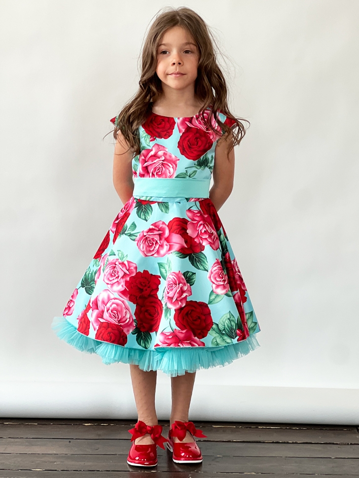 Платье для девочки нарядное БУШОН ST30, стиляги цвет бирюза/т-красный, принт цветы 