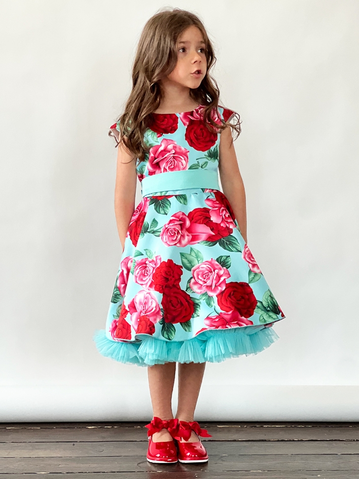 Платье для девочки нарядное БУШОН ST30, стиляги цвет бирюза/т-красный, принт цветы 