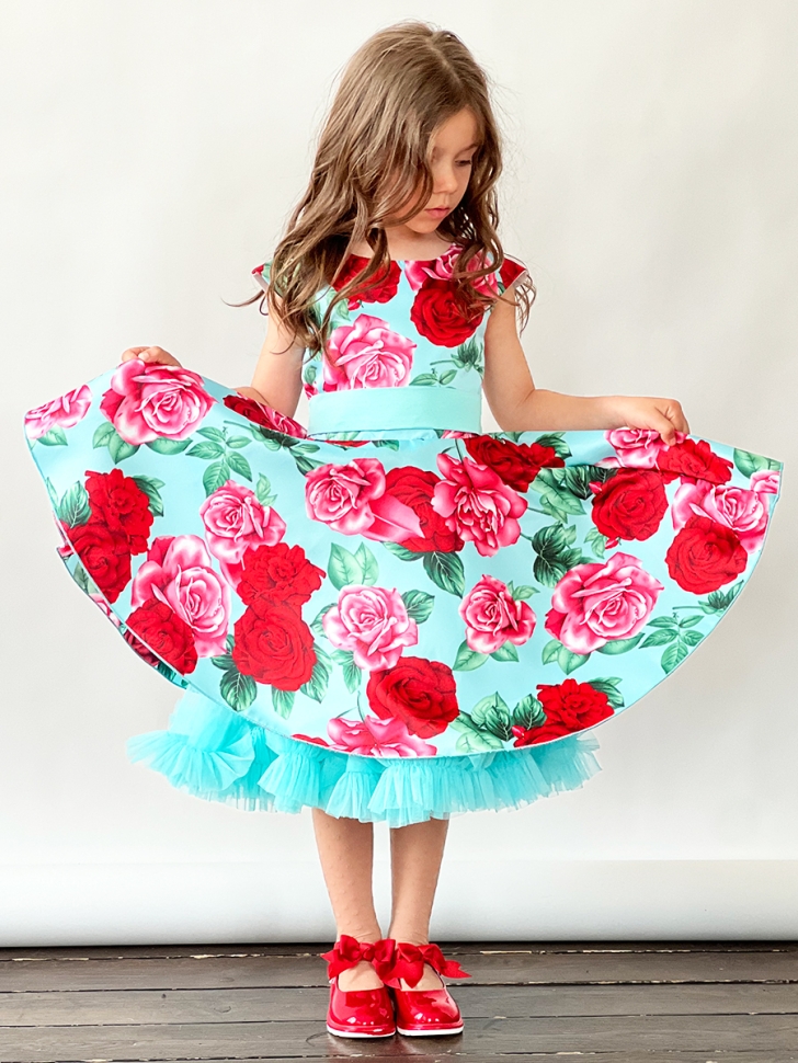 Платье для девочки нарядное БУШОН ST30, стиляги цвет бирюза/т-красный, принт цветы 