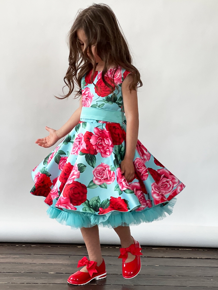 Платье для девочки нарядное БУШОН ST30, стиляги цвет бирюза/т-красный, принт цветы 