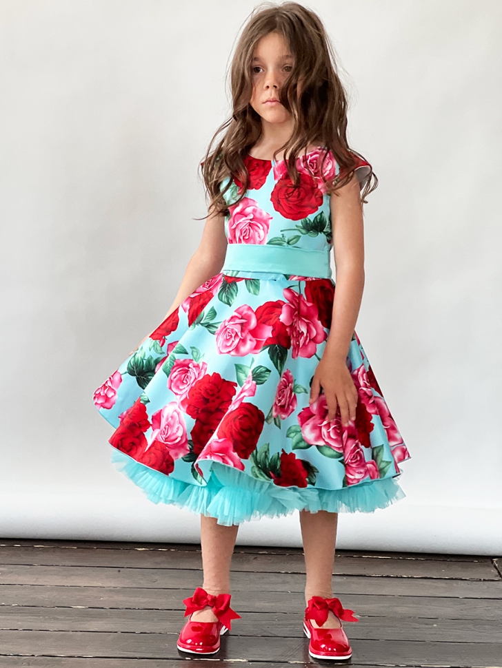 Платье для девочки нарядное БУШОН ST30, стиляги цвет бирюза/т-красный, принт цветы 