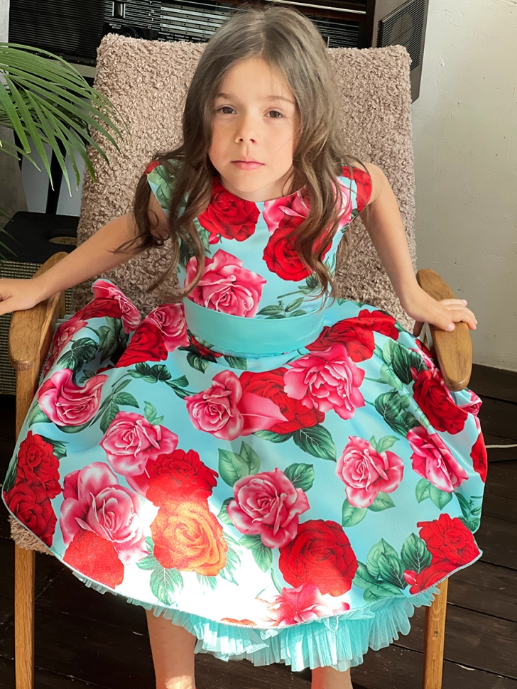 Платье для девочки нарядное БУШОН ST30, стиляги цвет бирюза/т-красный, принт цветы 