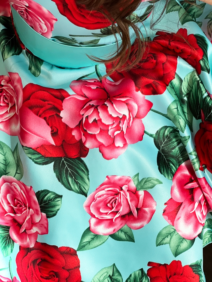 Платье для девочки нарядное БУШОН ST30, стиляги цвет бирюза/т-красный, принт цветы 