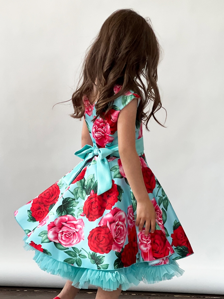Платье для девочки нарядное БУШОН ST30, стиляги цвет бирюза/т-красный, принт цветы 