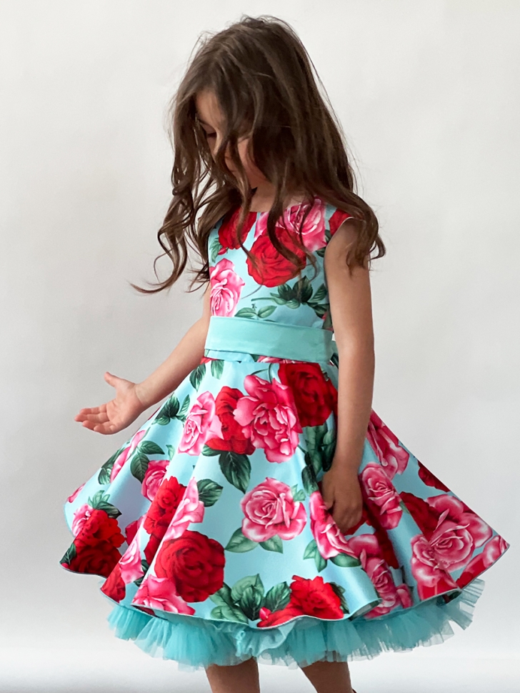 Платье для девочки нарядное БУШОН ST30, стиляги цвет бирюза/т-красный, принт цветы 