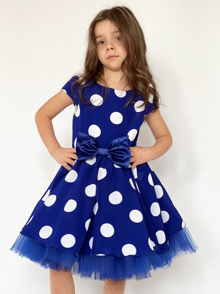 Платье для девочки нарядное БУШОН ST44, стиляги, цвет синий, принт крупный горох 