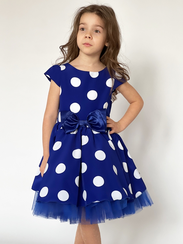 Платье для девочки нарядное БУШОН ST44, стиляги, цвет синий, принт крупный горох 