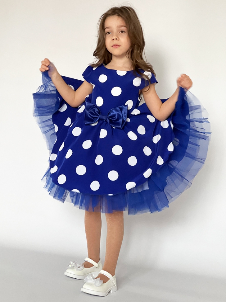Платье для девочки нарядное БУШОН ST44, стиляги, цвет синий, принт крупный горох 