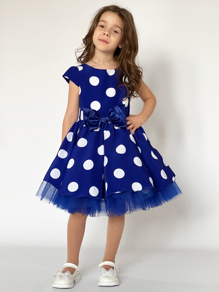 Платье для девочки нарядное БУШОН ST44, стиляги, цвет синий, принт крупный горох 