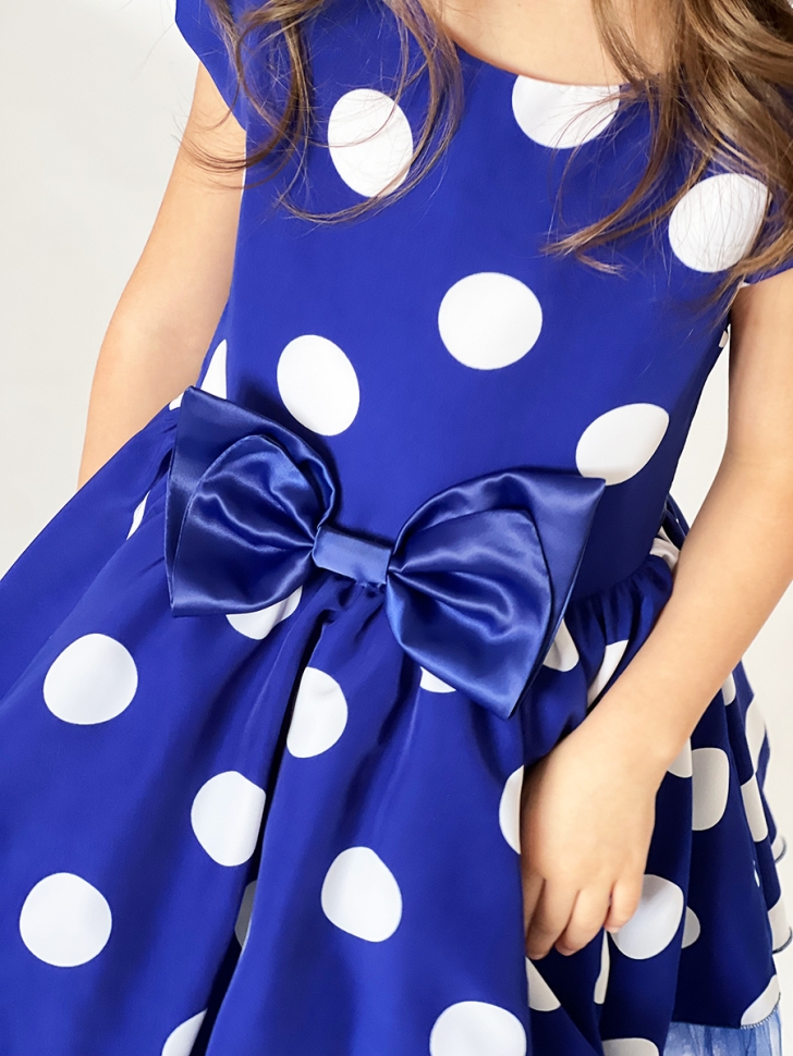 Платье для девочки нарядное БУШОН ST44, стиляги, цвет синий, принт крупный горох 