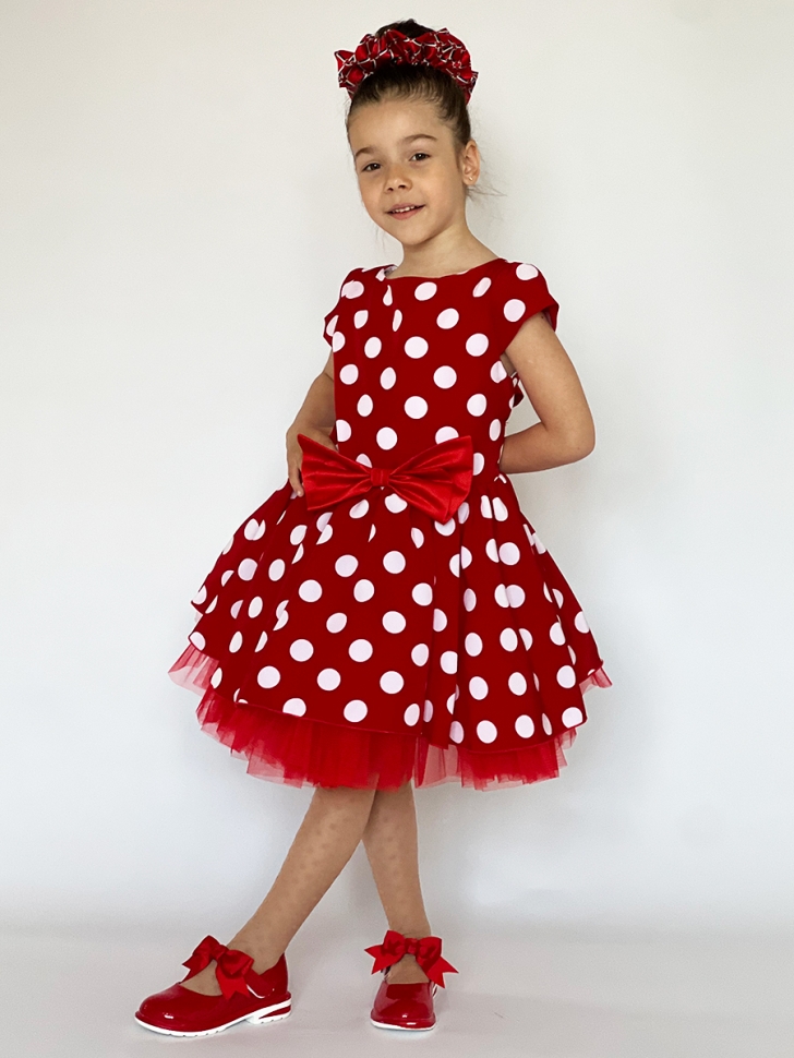Платье для девочки нарядное БУШОН ST44, стиляги, цвет красный, принт горошек 