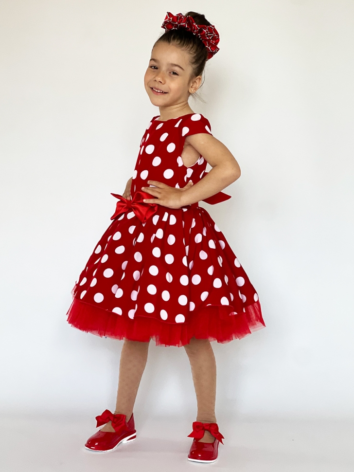 Платье для девочки нарядное БУШОН ST44, стиляги, цвет красный, принт горошек 