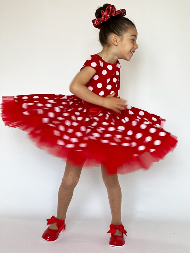 Платье для девочки нарядное БУШОН ST44, стиляги, цвет красный, принт горошек 