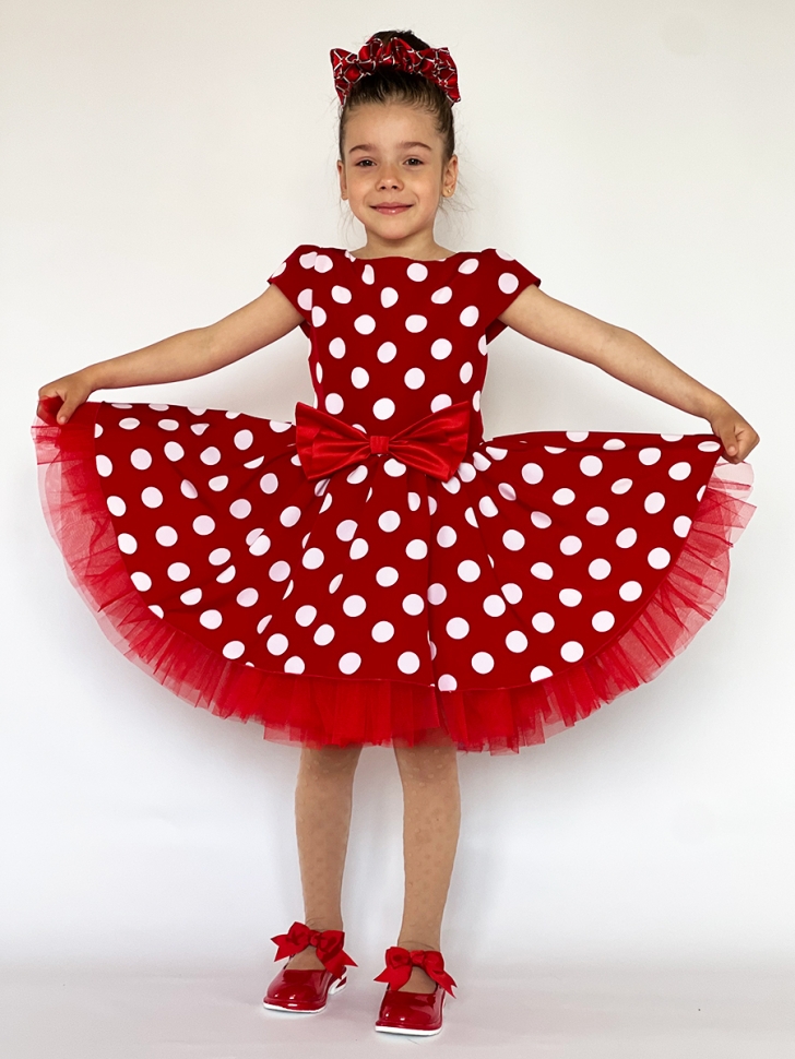 Платье для девочки нарядное БУШОН ST44, стиляги, цвет красный, принт горошек 
